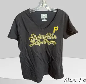 Majestic Pittsburgh Pirates Women T-shirt Black Raise‎ The Jolly Roger Size L thumbnail 1