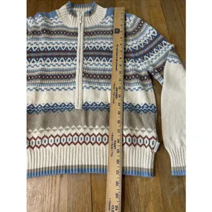 Woolrich Womens Fair Isle Quarter Zip Sweater Blue Cream Ramie Cotton Size M thumbnail 4