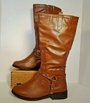 Wanted Lismore Tan Tall Boots With Strap & Stud Detail Inside Zip thumbnail 1