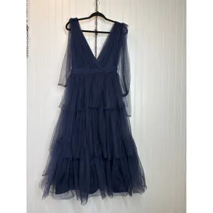 NWT Lulus Flawless Arrival Navy Blue Tulle Tie-Strap Tiered Maxi Dress Size L thumbnail 2
