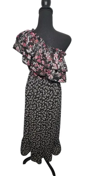 MISA Los Angeles One‎ Shoulder Floral Maxi Dress Black Pink Ruffle Medium USA thumbnail 1