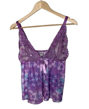 Y2K Vintage Purple Sheer Mesh Floral Fairycore Babydoll Tank Top Lingerie thumbnail 1