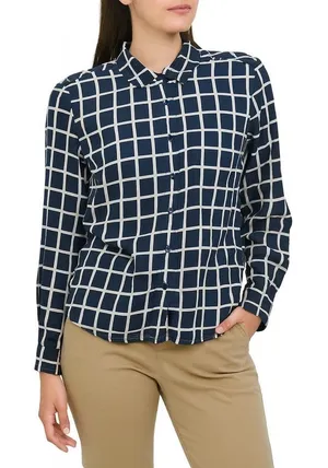 Tommy Hilfiger Navy Blue Grid Block Checkered Button Down Shirt Women's Small thumbnail 1