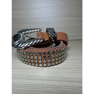 Vintage Statement Belt Womens A. Taylor Tan Silver Buckle Medium Studded‎ thumbnail 2