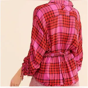 Free People Pacific Dawn plaid shirt snaps drawstring pink sz L M thumbnail 2
