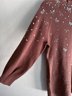 Anthropologie Sweater Dress ChocolateBrown Crystal Mock Neck Balloon Small thumbnail 3