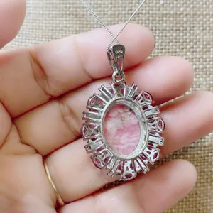 Sterling Silver 925 Oval Rhodochrosite + Rhodolite Pendant Necklace 20" Chain thumbnail 11