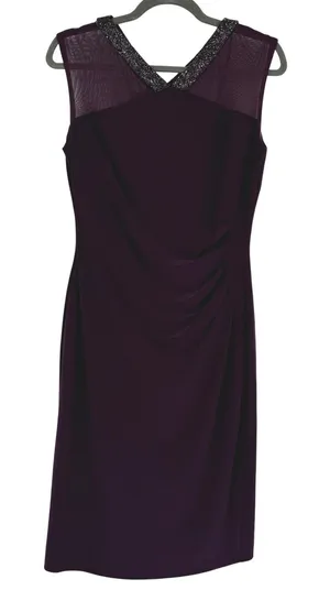 Lauren Ralph Lauren Purple Beaded Mesh V-Neck Ruched Sheath Dress‎ 10 Party thumbnail 1