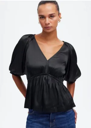 Madewell Black Shirred Puff-Sleeve Top in Satin - Size: Medium thumbnail 1