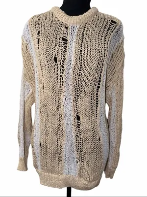 Zara Beige & White Distressed Crew neck Sweater(Size Small) thumbnail 1