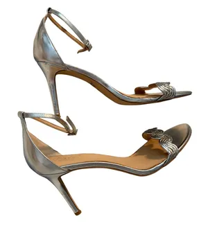 Jewel Badgley Mischka Heeled Sandals Stiletto‎ Silver Braided Strap 8.5 thumbnail 1