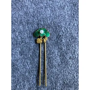 Elegant Gold Tone Green‎ Enamel Flower Pearl Hair Pin Stick Bun Holder thumbnail 5