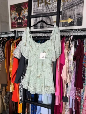 Selfie Leslie Kirra Sage Botanic Print Puff Sleeve Ruched Mini Dress XS New NWT thumbnail 8