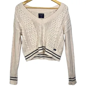 Abercrombie & Fitch Cream Cable Knit Stripe Cropped Varsity V-Neck Sweater Sz XS thumbnail 2
