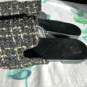 Black and Gold Textured Mules with Open Heel size 7.5/39 Sandals Elegant thumbnail 3