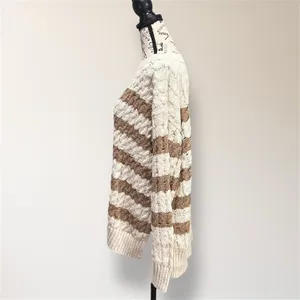 Pilcro Anthropologie M Cream Tan Stripe Cable Knit Sweater Oversized‎ Cozy Cabin thumbnail 5