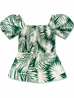 Milly Peplum Top Womens Large‎ Green White Palm Leaf Puff Sleeve Smocked thumbnail 2