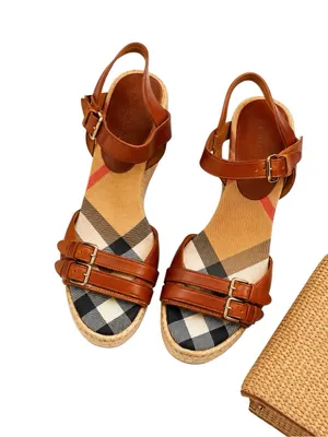 Burberry Tan Leather Check Canvas Espadrille Wedge Sandals EU 35 Italy GUC FLAW thumbnail 16