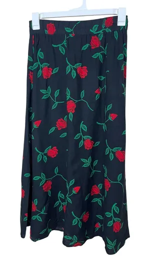 Vintage Black Red Rose Floral Maxi Skirt Lightweight Casual‎ Boho thumbnail 1