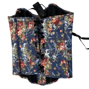 ALIVILA Y Fashion Corset Denim Floral Lace Up Back Strapless Bustier Size Medium thumbnail 2