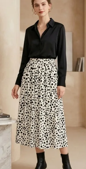 Dalmatian Polka Dot Pleated Midi Skirt – Size XS – Bohemian Style: Summer. thumbnail 1