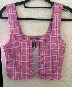 Dolls Kill Pink Plaid Lace-Up Crop Top with Bratz Heart Print thumbnail 1