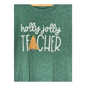 Holly Jolly Teacher Graphic T-Shirt Womens Large Green‎ Christmas Tee Leopard thumbnail 3