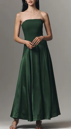 Hutch Anthropologie Strapless Satin Gown in Deep Green Maxi Dress thumbnail 1