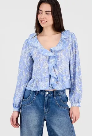 Macy's Light Blue Floral Ruffle Blouse thumbnail 1