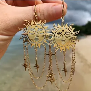 Gold Sun Face Dangle Earrings Celestial‎ Star Chain Drop Boho Jewelry new thumbnail 1