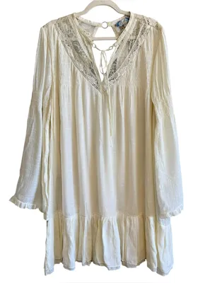 J.Gee Boho Crochet Lace Tiered Mini Dress Cream Bell Sleeve XL New thumbnail 2