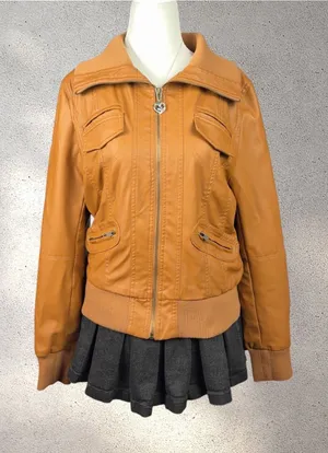 Zenana Outfitters Vegan Leather Moto Bomber Jacket Women’s L Tan Biker Y2K Chic thumbnail 1