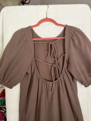 Long brown puff sleeve modest back tie dress fall style midi maxi long dress thumbnail 9