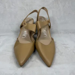 Calvin Klein Tan Leather Pointed Toe Slingback Asymmetrical Strap Heels 9.5‎ thumbnail 2