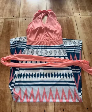Boho Geometric Print Halter‎ Maxi Dress Coral Blue White Summer Vacation Resort thumbnail 1
