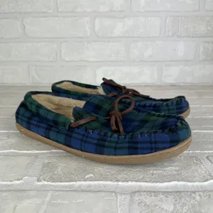 J Crew Slippers Womens 8 Green Blue Plaid Faux Shearling Fur Lining Moccasin thumbnail 2