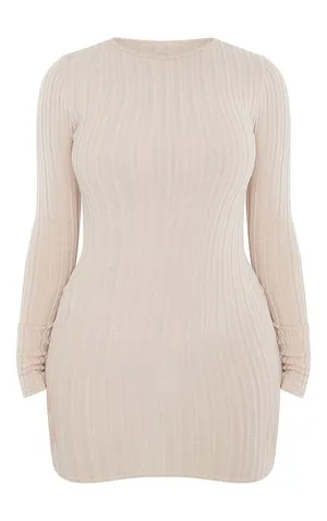 Beige Soft Ribbed Mini Long Sleeve Dress Fall & Winter Layering thumbnail 5