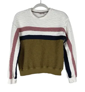 Faherty Vista Olive Cream Striped Pullover French‎ Terry Sweatshirt Womens Small thumbnail 1