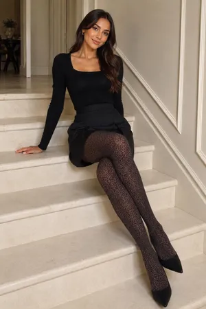 Hanes Black & Brown Leopard Sheer Patterned Tights thumbnail 1