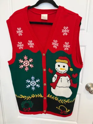 STYLE STUDIO Ugly Christmas Sweater Vest Size Large Snowman Print Button Up VTG thumbnail 1