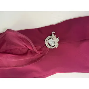 Burgundy Off Shoulder Mermaid Gown Rhinestone Brooch Ruffle‎ Hem USA Made M thumbnail 10