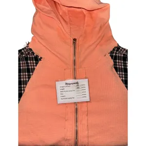 POL Womens Peach Waffle Knit Plaid Flannel Trim Zip Up Hoodie MFT584 Orange M thumbnail 6