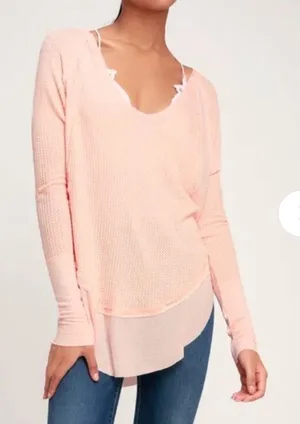 FREE PEOPLE We the Free catalina Pink Waffle Knit Round Hem Drapey Top | Medium thumbnail 1