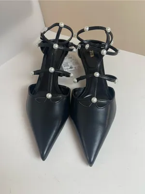 Zara Black Pearl Strappy Kitten Heel Pointed Toe Pumps NWT Size 9 / EUR 40 thumbnail 2
