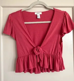 Forever 21 Pink Tie-Front Ruffle Crop Top, Size S thumbnail 1