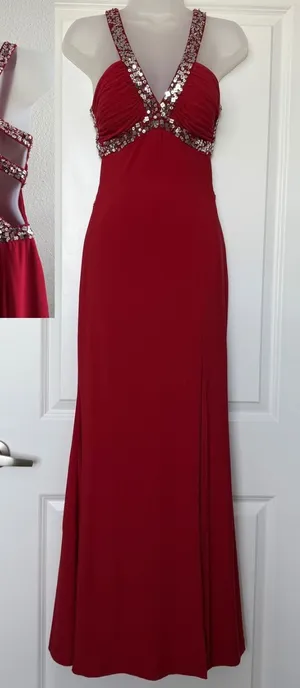 Hailey Logan by Adrianna Papell Red Sequin Cage Back Maxi Gown Prom Dress 3/4 thumbnail 1