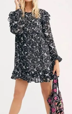 NEW! Free People These Dreams Black White Long Sleeve Ruffle Shift dress large thumbnail 1