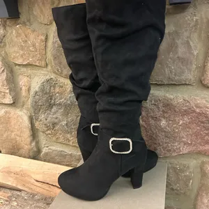 Boots Black Suede Knee-High Heeled with Rhinestone Buckle Accent 7.5 Lucita thumbnail 2