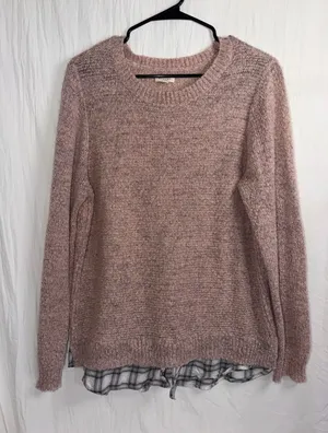 Sonoma Life + Style Layered Look Knit Sweater Plaid Hem Pink Gray Size XL thumbnail 1