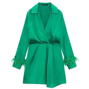 Zara Satin Feather Mini Autumn Wedding Guest Dress‎ Women XL Green Glam Holiday thumbnail 1